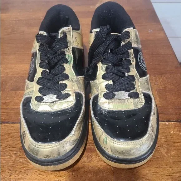 90s Tupac Shakur Makaveli Branded Sneakers Gold Money Hundred Dollar Size 5.5 - Picture 3 of 8